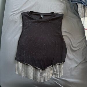 SHEIN Black Crop Top with Silver Fringe